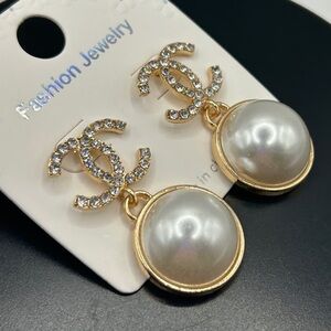 Gold and Round Pearl Dangle Earrings